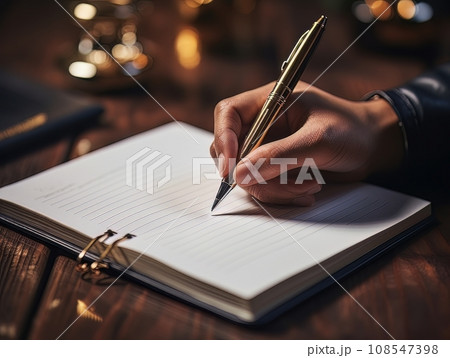 Hand holding a pen and writing in a blank notepad on a wooden table AI 108547398
