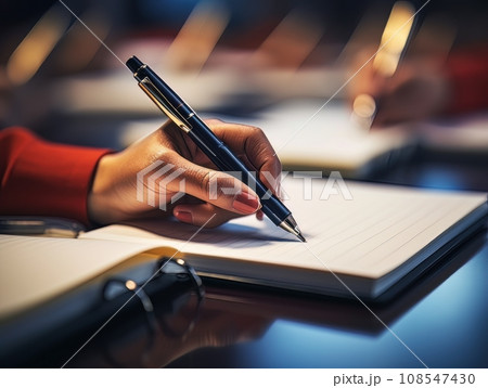 Hand holding a pen and writing in notepad on a wooden table AI Hand holding a pen and writing in notepad on a wooden table AI 108547430