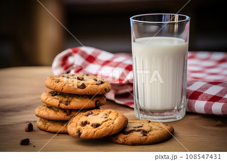 Stack of chocolate chip cookie and glass of milk 108547431