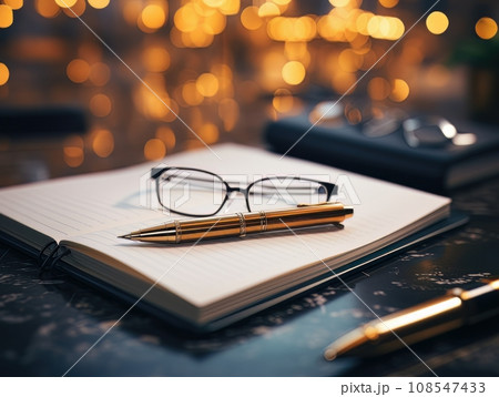 Notepad, pen and glasses on wooden desk AI 108547433