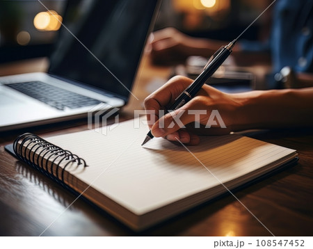 Hand holding a pen and writing in a blank notepad on a wooden table AI 108547452