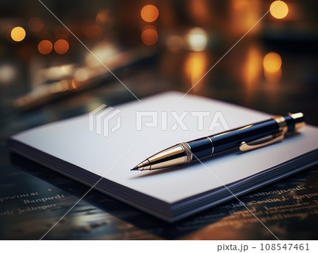 Notepad and pen on wooden desk AI 108547461