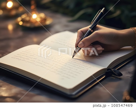 Hand holding a pen and writing in a blank notepad on a wooden table AI Hand holding a pen and writing in a blank notepad on a wooden table AI 108547469