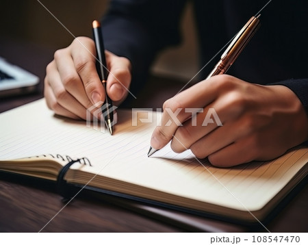 Faceless ambidextrous man with two pens in his hands sits in front of a notepad AI 108547470