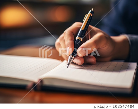 Hand holding a pen and writing in a blank notepad on a wooden table AI 108547484