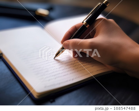 Hand holding a pen and writing in a blank notepad on a wooden table AI Hand holding a pen and writing in a blank notepad on a wooden table AI 108547488