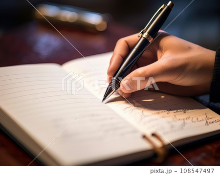 Hand holding a pen and writing in a blank notepad on a wooden table AI 108547497
