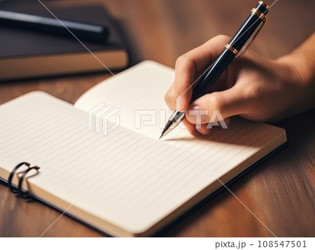 Hand holding a pen and writing in a blank notepad on a wooden table AI Hand holding a pen and writing in a blank notepad on a wooden table AI 108547501