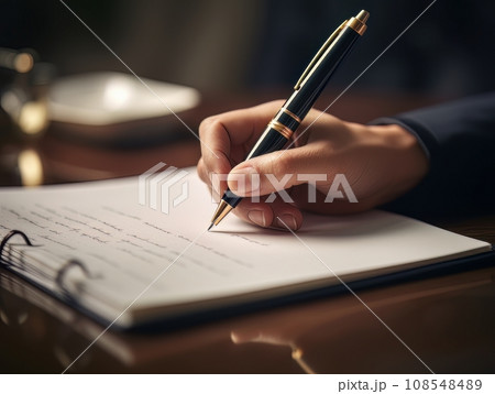 Hand holding a pen and writing in a blank notepad on a wooden table AI 108548489