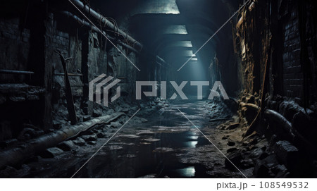 Dark scary underground tunnel, old abandoned industrial corridor or sewer. Perspective view of spooky dirty passage, vintage cellar with water. Concept of grunge, horror, vault, dig Dark scary underground tunnel, old abandoned industrial corridor or sewer. Perspective view of spooky dirty passage, vintage cellar with water. Concept of grunge, horror, vault, dig 108549532