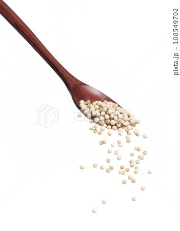 White Pepper seeds fall down pour in wooden spoon, white Pepper float explode, abstract cloud fly. Peppercorn splash throwing in Air. White background Isolated high speed shutter, freeze motion White Pepper seeds fall down pour in wooden spoon, white Pepper float explode, abstract cloud fly. Peppercorn splash throwing in Air. White background Isolated high speed shutter, freeze motion 108549702