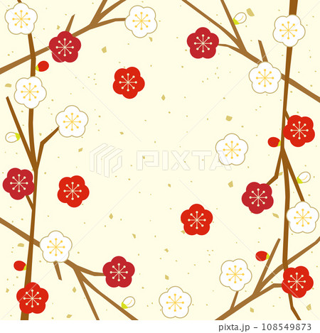 紅梅と白梅の梅の枝をフレーム風にしたイラスト　アスペクト比1：1バージョン 108549873