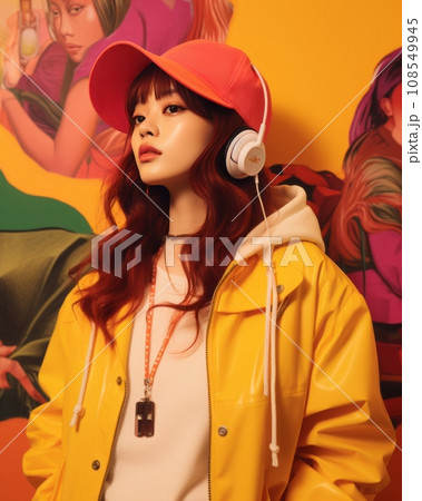 a woman in a yellow raincoat and pink hat with headphones a woman in a yellow raincoat and pink hat with headphones 108549945
