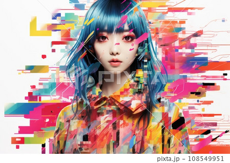 a woman with blue hair and colorful clothes a woman with blue hair and colorful clothes 108549951