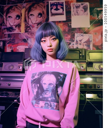 a woman with blue hair wearing a pink sweatshirt 108549959