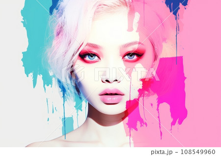 a woman with bright blue eyes and pink hair 108549960