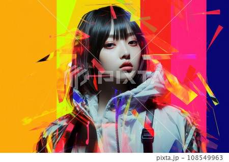 a woman with bright colored hair and a white jacket in front of a colorful background a woman with bright colored hair and a white jacket in front of a colorful background 108549963
