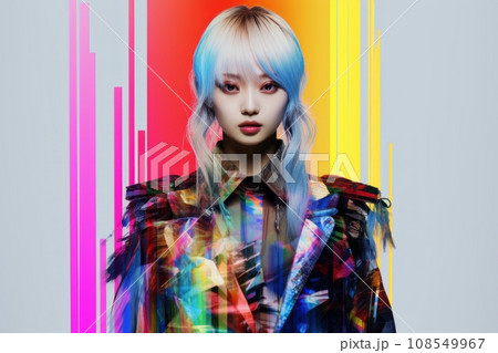 a woman with bright hair and colorful clothes 108549967