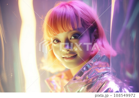 a woman with bright pink hair and a shiny jacket a woman with bright pink hair and a shiny jacket 108549972