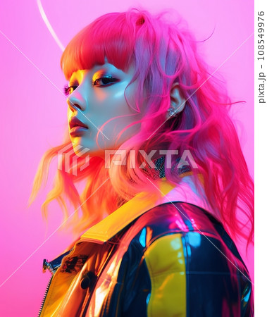 a woman with bright pink hair and neon jacket a woman with bright pink hair and neon jacket 108549976