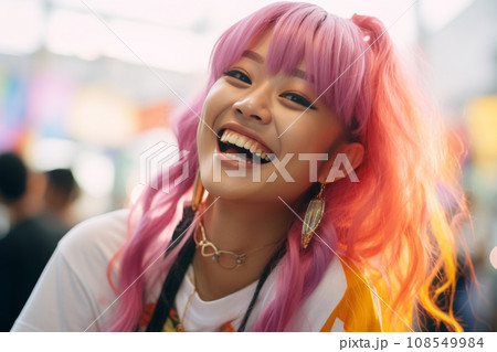 a woman with bright pink hair smiling a woman with bright pink hair smiling 108549984