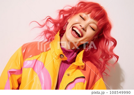 a woman with bright red hair is smiling a woman with bright red hair is smiling 108549990