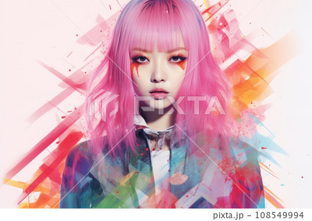 a woman with pink hair and bright makeup is standing in front of a colorful background a woman with pink hair and bright makeup is standing in front of a colorful background 108549994