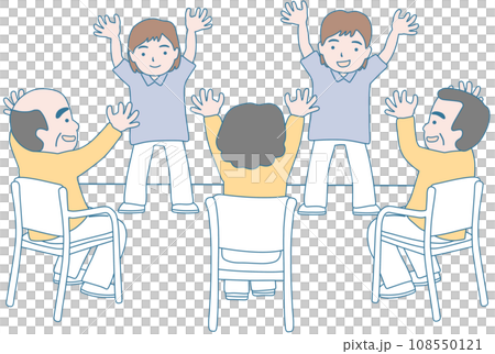 使用者和照護人員坐在老年人設施的椅子上鍛鍊身體 108550121