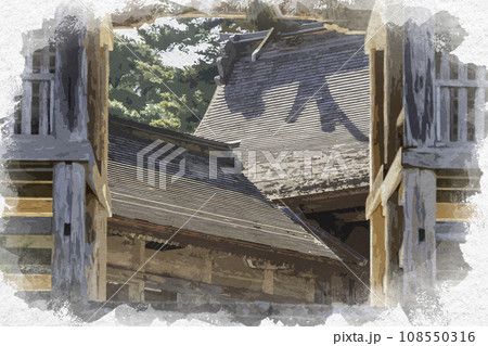 水彩画風　吉川八幡宮　社殿　岡山県吉備中央町 108550316