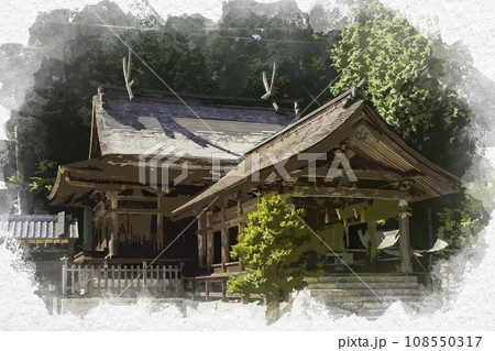 水彩画風　吉川八幡宮　社殿　岡山県吉備中央町 108550317
