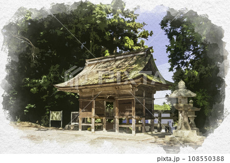 水彩画風　吉川八幡宮　随身門　岡山県吉備中央町 108550388