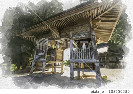 水彩画風　吉川八幡宮　随身門　岡山県吉備中央町 108550389