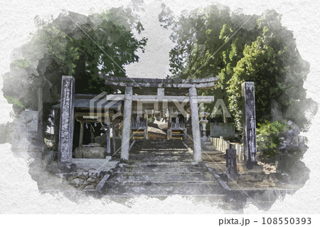 水彩画風　吉川八幡宮　鳥居　岡山県吉備中央町 108550393