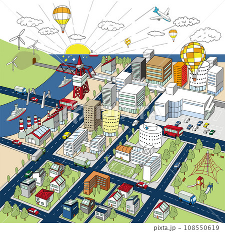 海沿いのにぎわいのある街並みの俯瞰イラスト（背景透過） 108550619