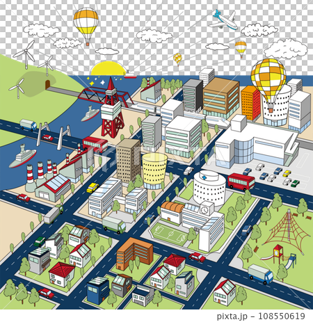 海沿いのにぎわいのある街並みの俯瞰イラスト（背景透過） 108550619