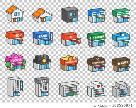 建物のアイコンセット（3D線画）のイラスト 108550971
