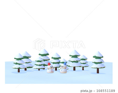 雪景色と向き合う雪だるま達　3D 108551189