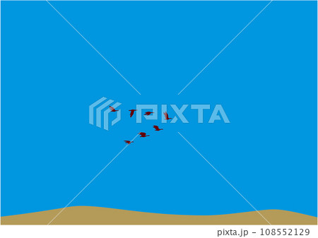 青空の大地に数羽の渡り鳥が飛んでいるイラスト 108552129
