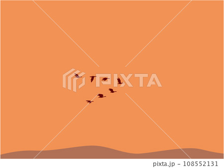 夕暮れの大地に数羽の渡り鳥が飛んでいるイラスト 夕暮れの大地に数羽の渡り鳥が飛んでいるイラスト 108552131