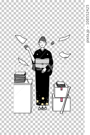 片付かない業務にうんざりする着物姿のシニア女性、お正月の初詣や結婚式などで 108552425