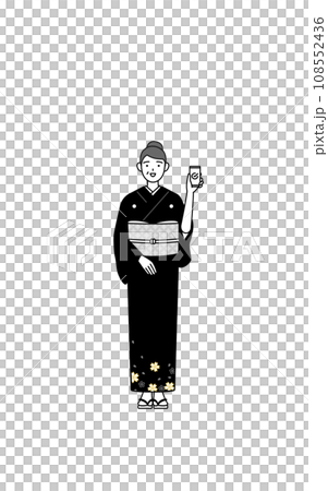 A senior woman in a kimono uses a smartphone at work, at a New Year's shrine visit, at a wedding, etc. 108552436