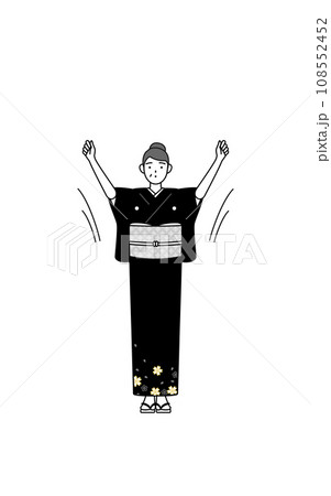 ラジオ体操をする着物姿のシニア女性、お正月の初詣や結婚式などで ラジオ体操をする着物姿のシニア女性、お正月の初詣や結婚式などで 108552452