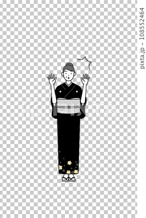 驚いて手を上げる着物姿のシニア女性、お正月の初詣や結婚式などで 驚いて手を上げる着物姿のシニア女性、お正月の初詣や結婚式などで 108552464
