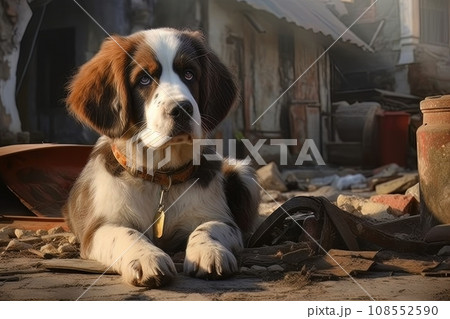 Rescue dog against the background of ruins AI Rescue dog against the background of ruins AI 108552590