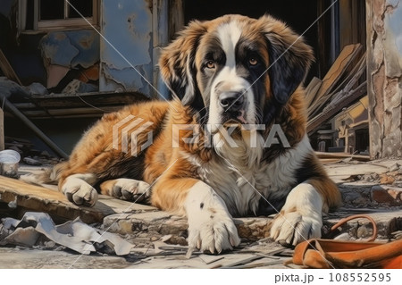 Rescue dog against the background of ruins AI 108552595