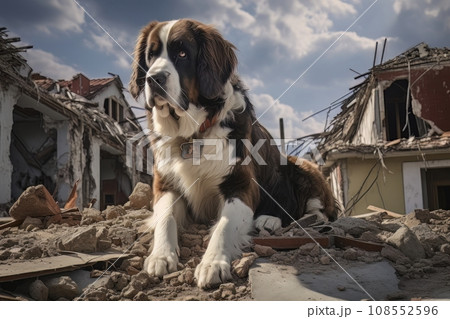 Rescue dog against the background of ruins AI 108552596