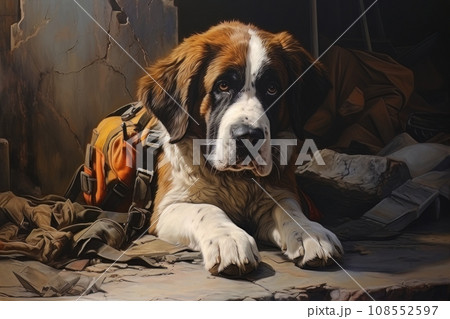 Rescue dog against the background of ruins AI 108552597