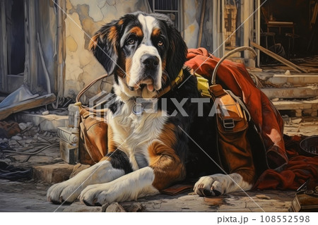 Rescue dog against the background of ruins AI 108552598