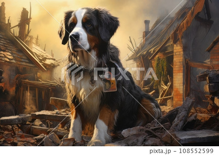 Rescue dog against the background of ruins AI Rescue dog against the background of ruins AI 108552599