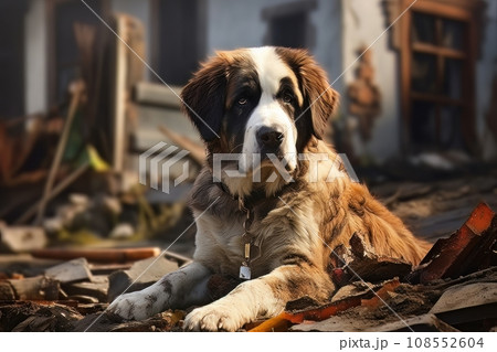 Rescue dog against the background of ruins AI 108552604